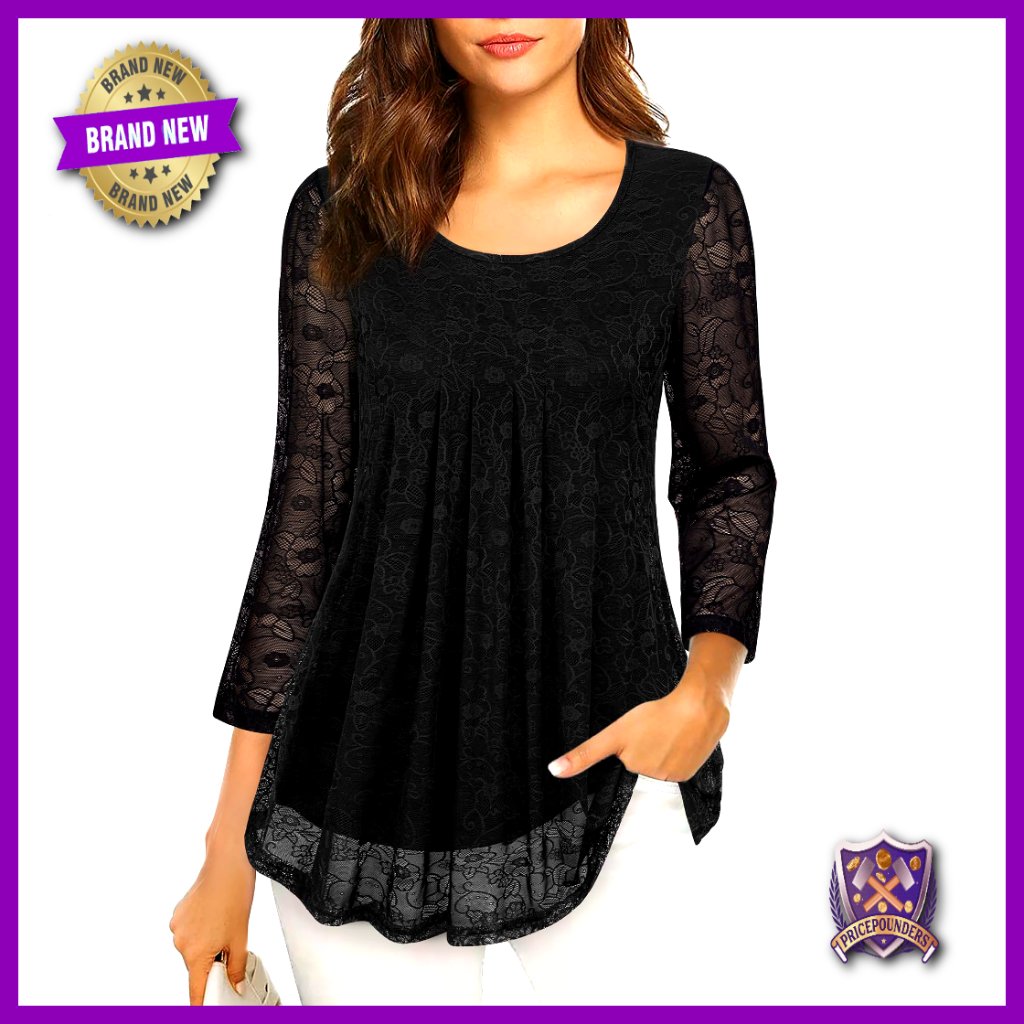 Floral Mesh Tunic Top 3/4 Sleeve Loose Fit Layered Blouse